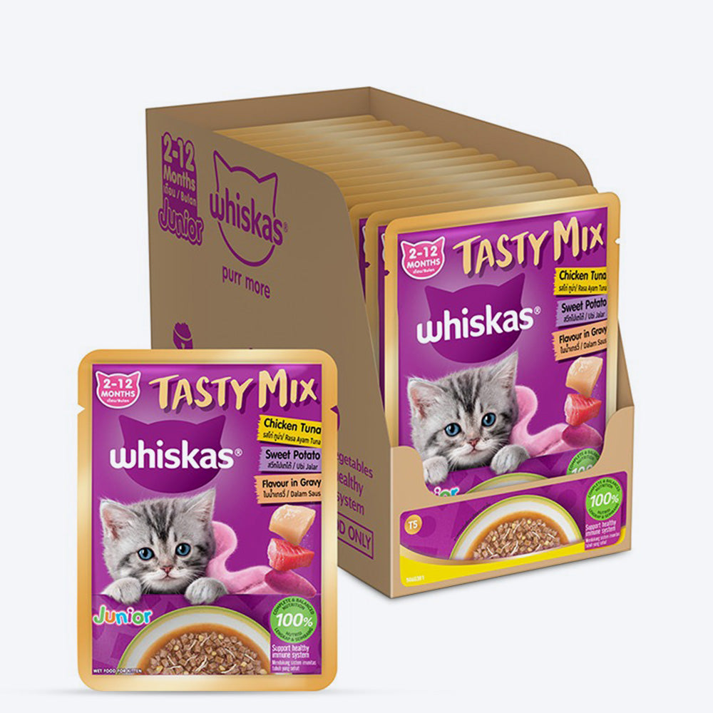 Whiskas Tasty Mix Chicken Tuna With Sweet Potato In Gravy Wet Food For Junior (2-12 Months) Kitten - 70 gm Pack - Heads Up For Tails