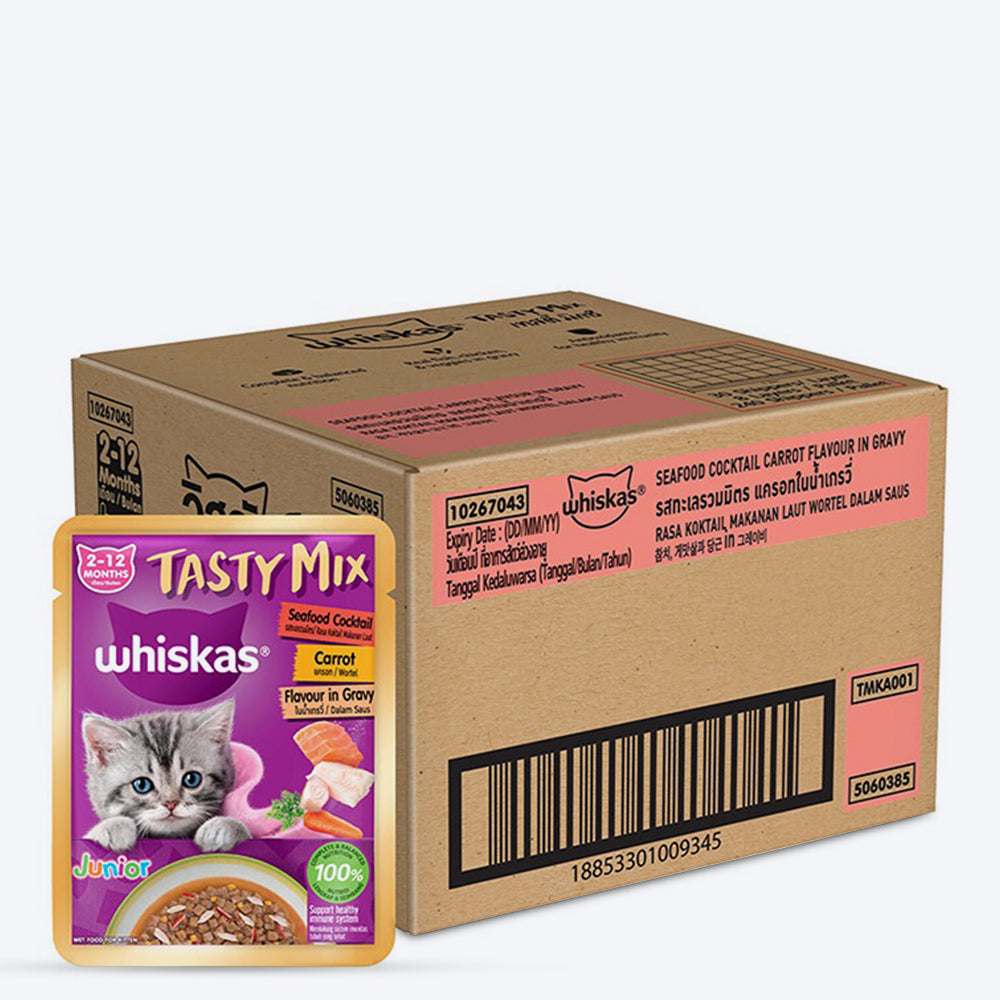 Whiskas Tasty Mix Seafood Cocktail With Carrot In Gravy Wet Food For Junior (2-12 Months) Kitten- 70 gm Pack - Heads Up For Tails