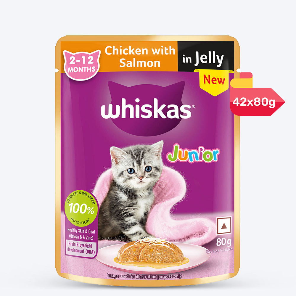 Whiskas Chicken With Salmon In Jelly Wet Food For Junior (2-12 Months) Kitten - 80 gm Pack - Heads Up For Tails