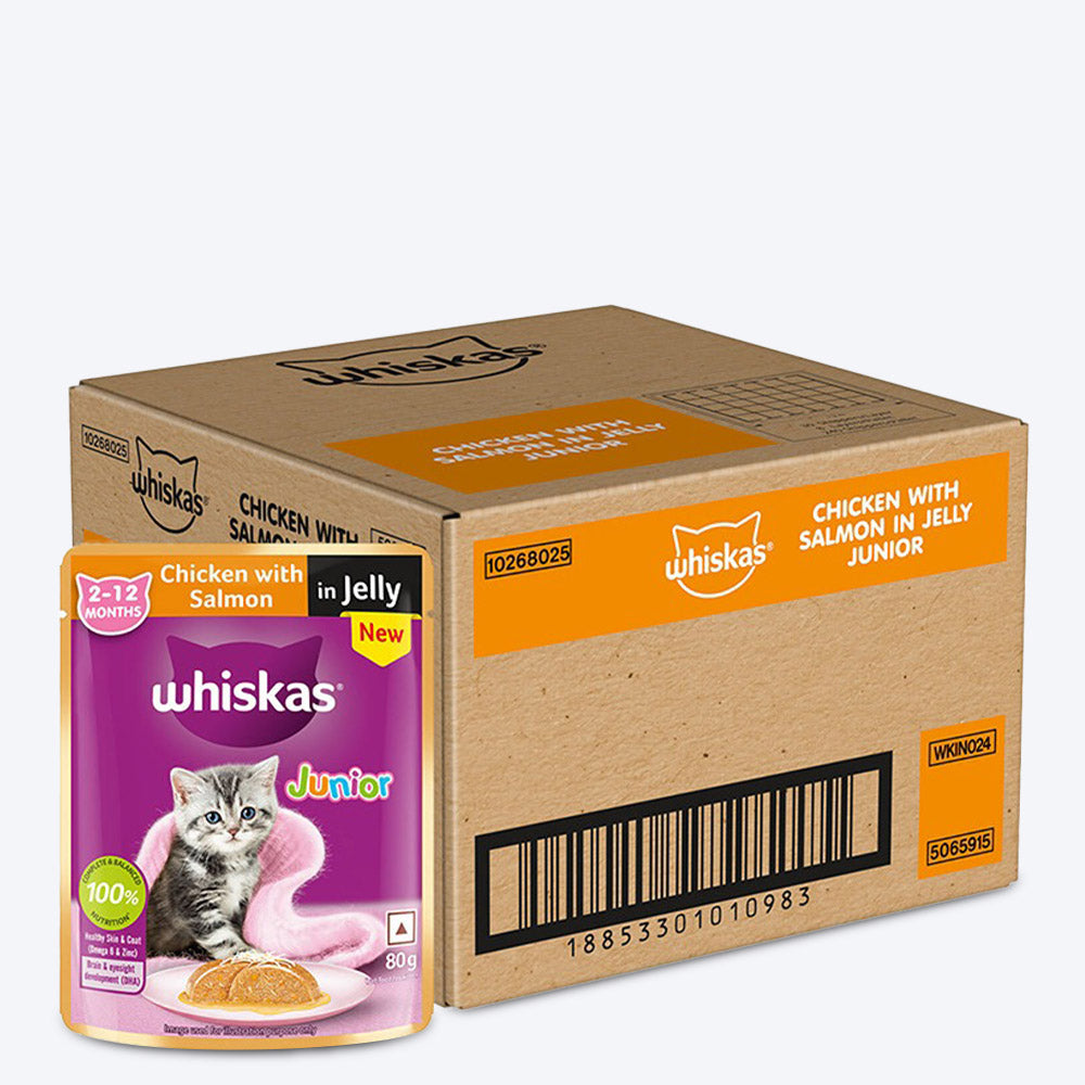 Whiskas Chicken With Salmon In Jelly Wet Food For Junior (2-12 Months) Kitten - 80 gm Pack - Heads Up For Tails