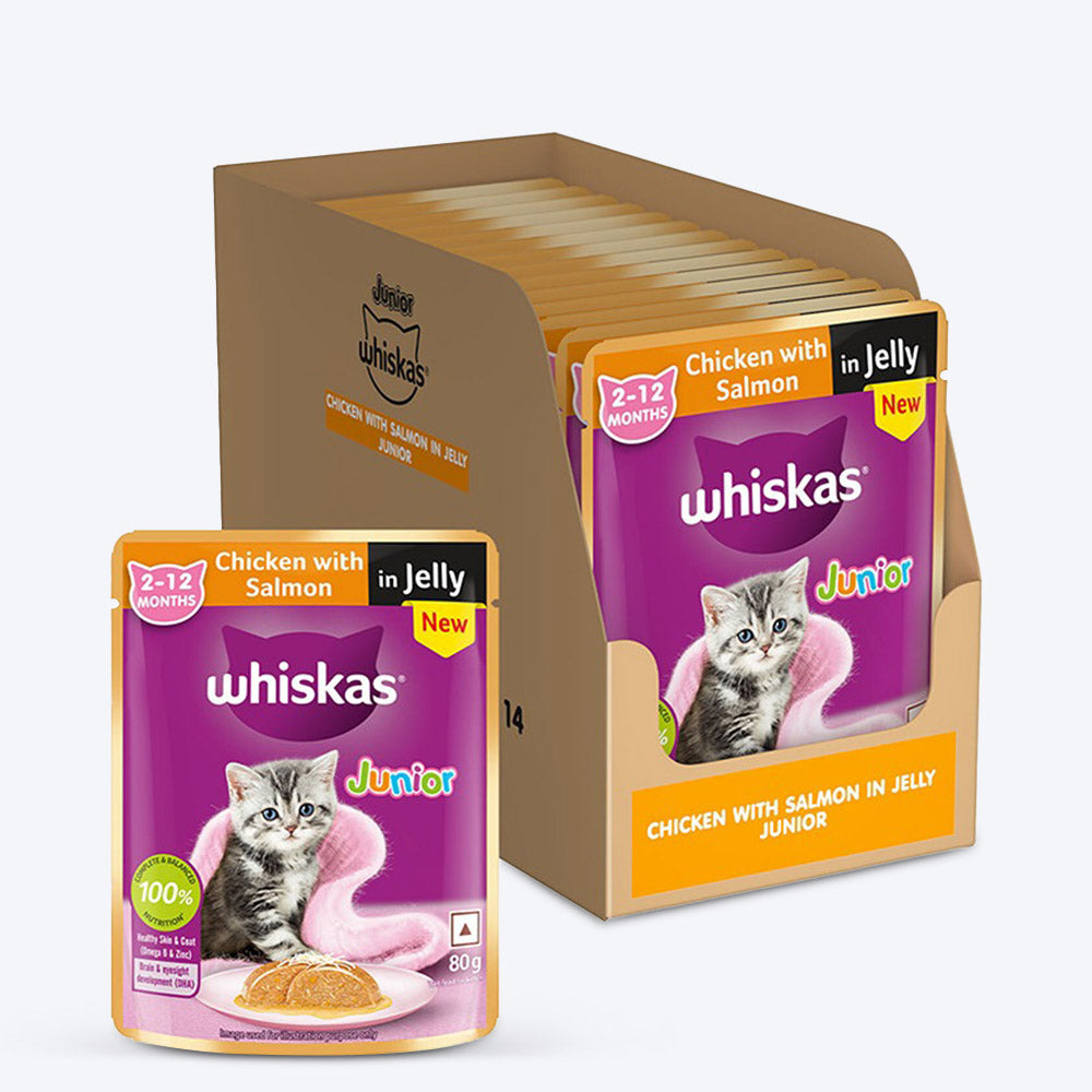 Whiskas Chicken With Salmon In Jelly Wet Food For Junior (2-12 Months) Kitten - 80 gm Pack - Heads Up For Tails