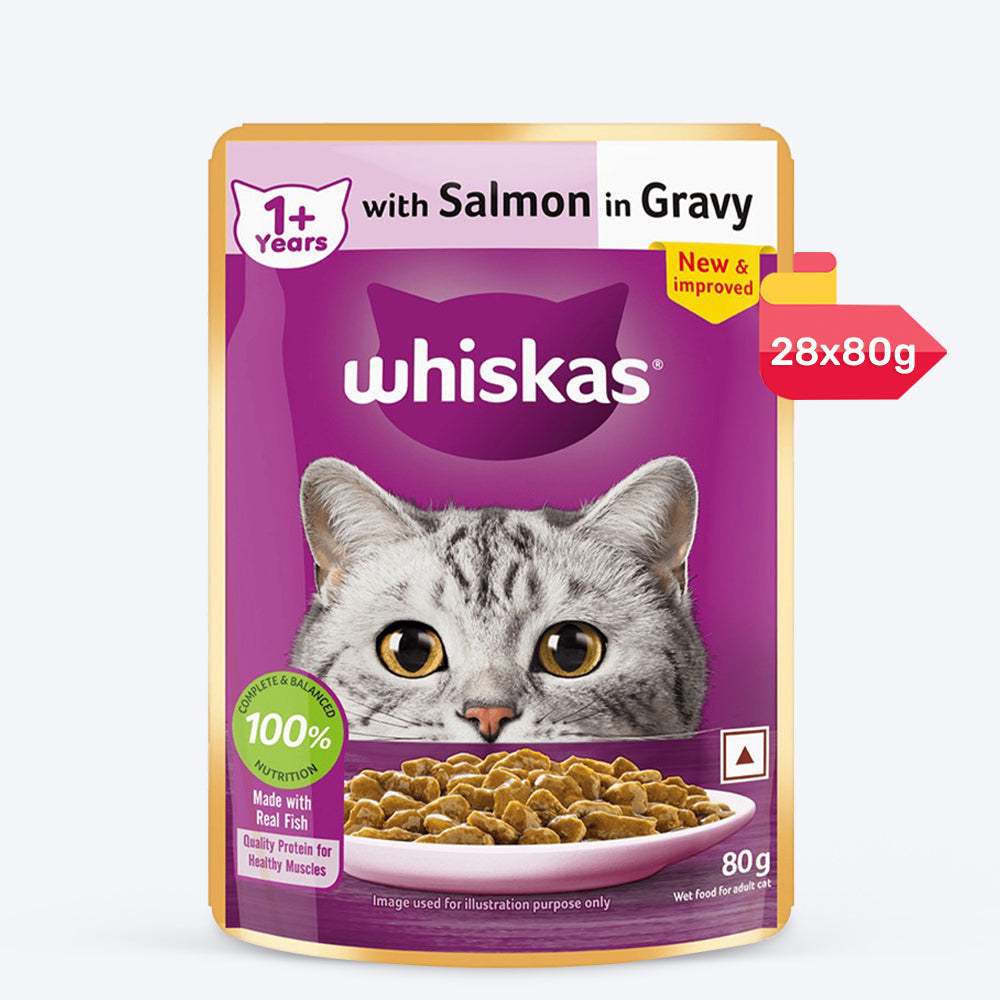 Whiskas Salmon in Gravy (1+ Years) Wet Food For Adult Cat - 80 gm Pack - Heads Up For Tails