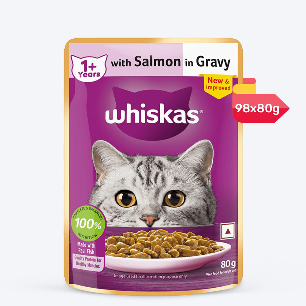 Whiskas Salmon in Gravy (1+ Years) Wet Food For Adult Cat - 80 gm Pack - Heads Up For Tails