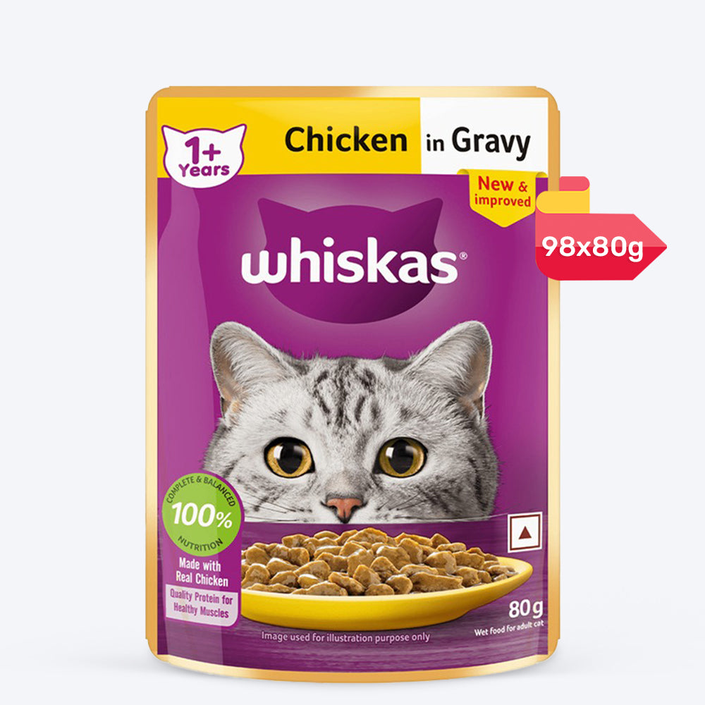 Whiskas Chicken in Gravy (1+ Years) Wet Food For Adult Cat - 80 gm Pack - Heads Up For Tails