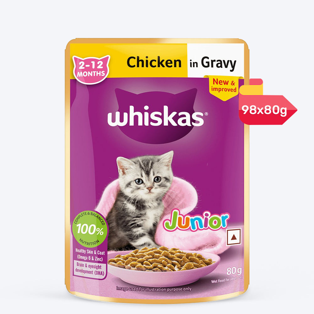 Whiskas Chicken in Gravy (2-12 Months) Wet Food For Junior Kitten - 80 gm Pack - Heads Up For Tails