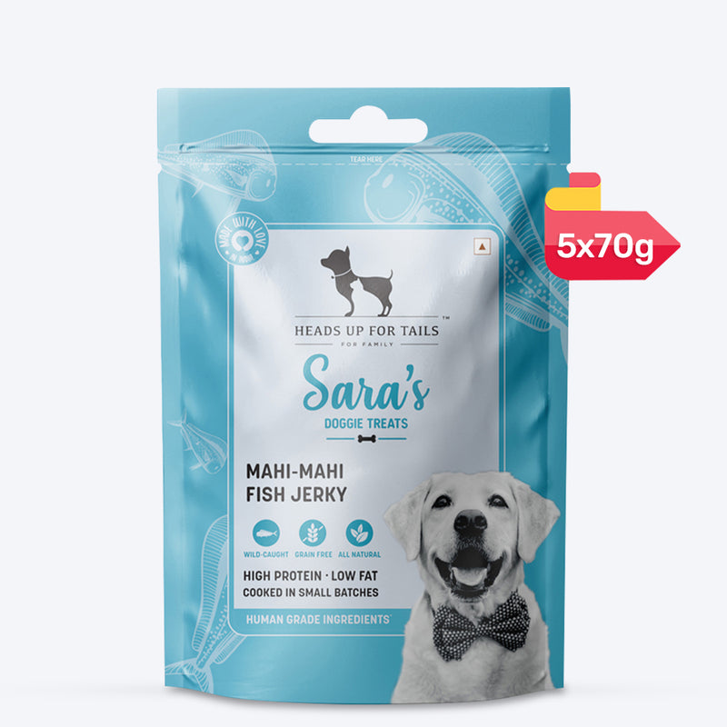 Sara's Doggie Treats Mahi Mahi Fish Jerky, 70 g, high protein, low fat, all-natural ingredients, suitable for dogs.