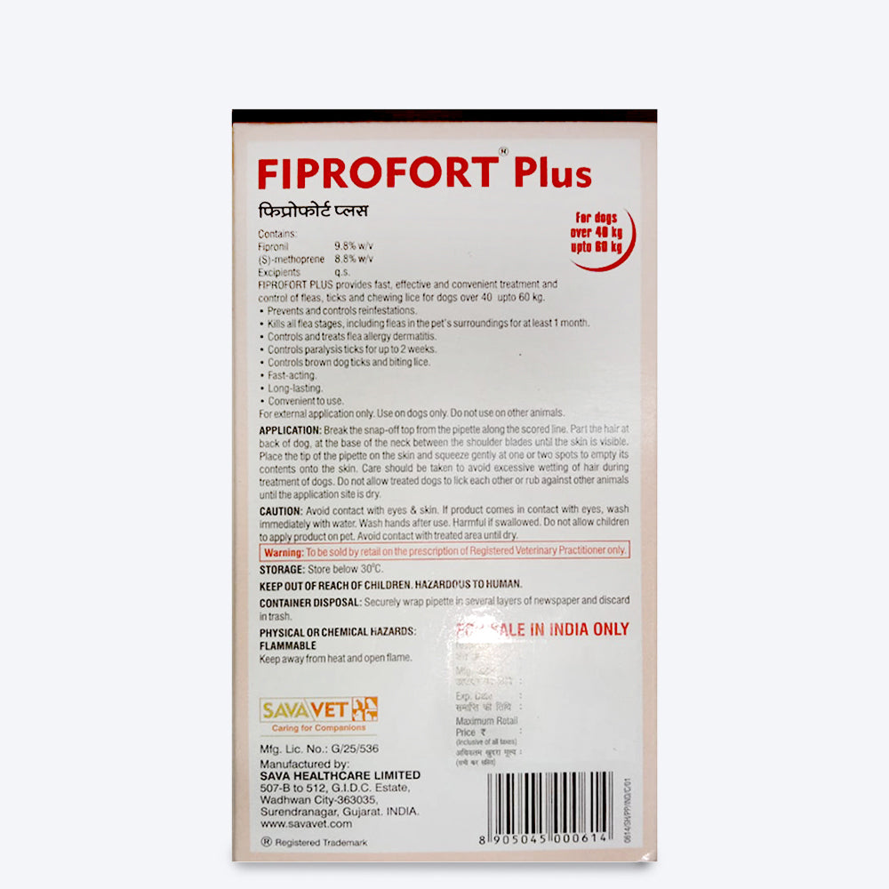 Fiprofort Plus Spot- Ticks & Fleas Solution for Dogs (40-60 kg) - Heads Up For Tails
