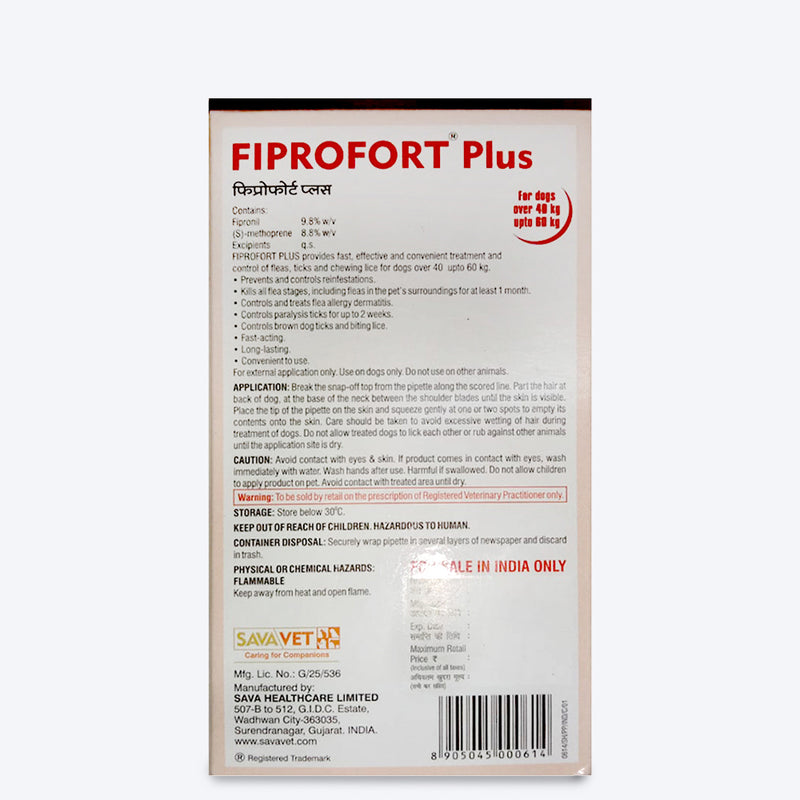 Fiprofort Plus Spot- Ticks & Fleas Solution for Dogs (40-60 kg) - Heads Up For Tails