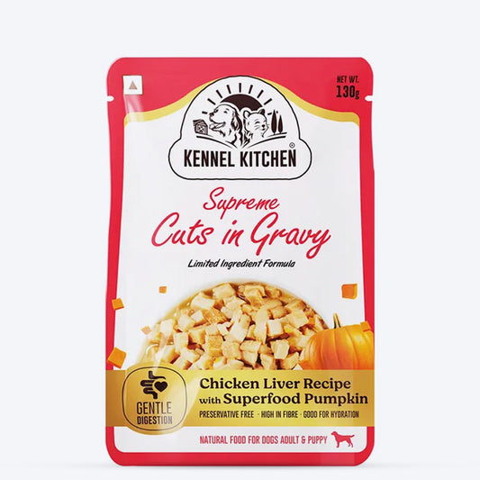 Kennel Kitchen Chicken Liver with Pumpkin Supreme Cuts In Gravy Wet Dog Food - 130 g Packs - Heads Up For Tails