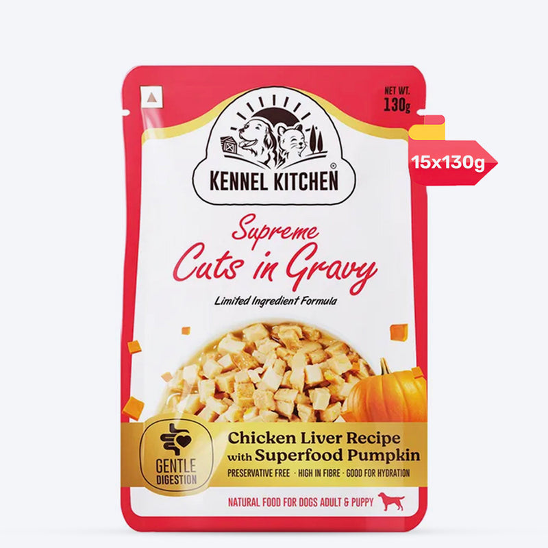 Kennel Kitchen Chicken Liver with Pumpkin Supreme Cuts In Gravy Wet Dog Food - 130 g Packs - Heads Up For Tails