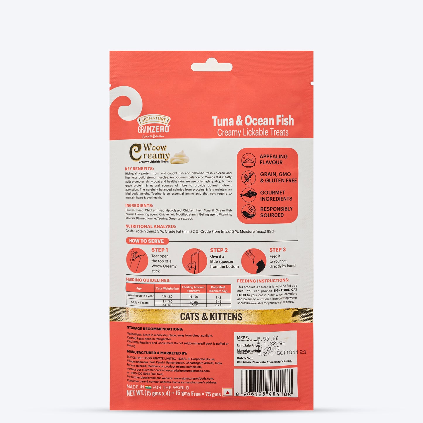 Signature Grain Zero Woow Creamy Tuna & Ocean Fish Lickable Treats For Cat & Kitten - 75 g - Heads Up For Tails