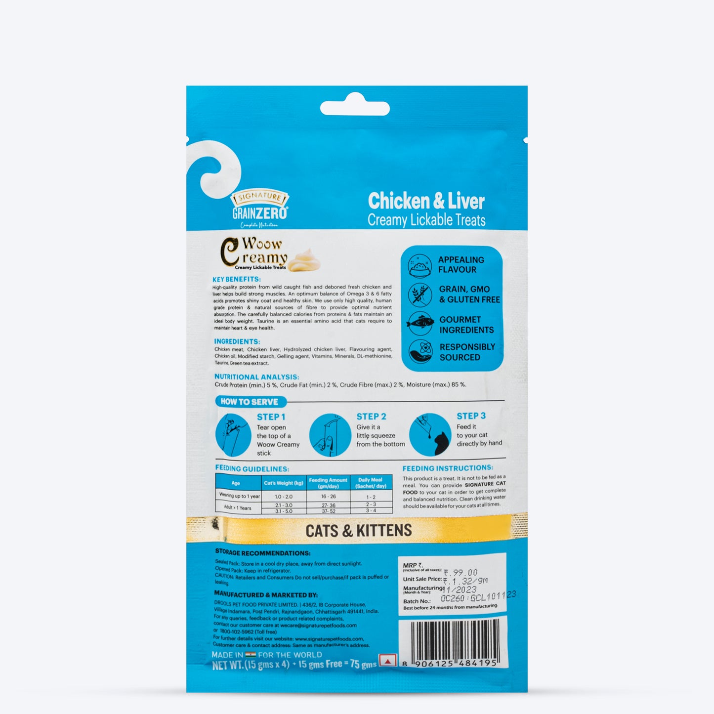 Signature Grain Zero Woow Creamy Chicken & Liver Lickable Treats For Cat & Kitten - 75 g - Heads Up For Tails