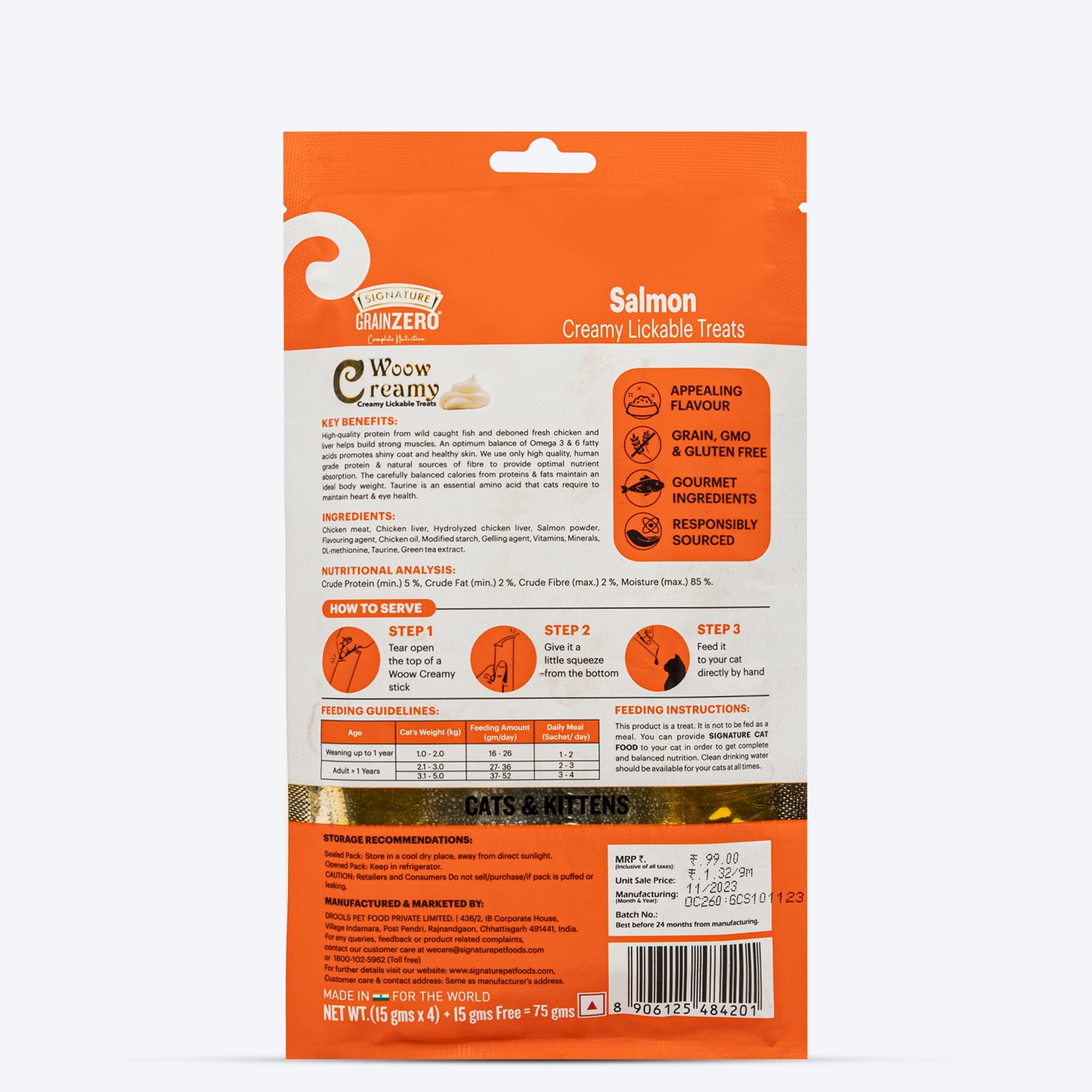 Signature Grain Zero Woow Creamy Salmon Lickable Treats For Cat & Kitten - 75 g - Heads Up For Tails