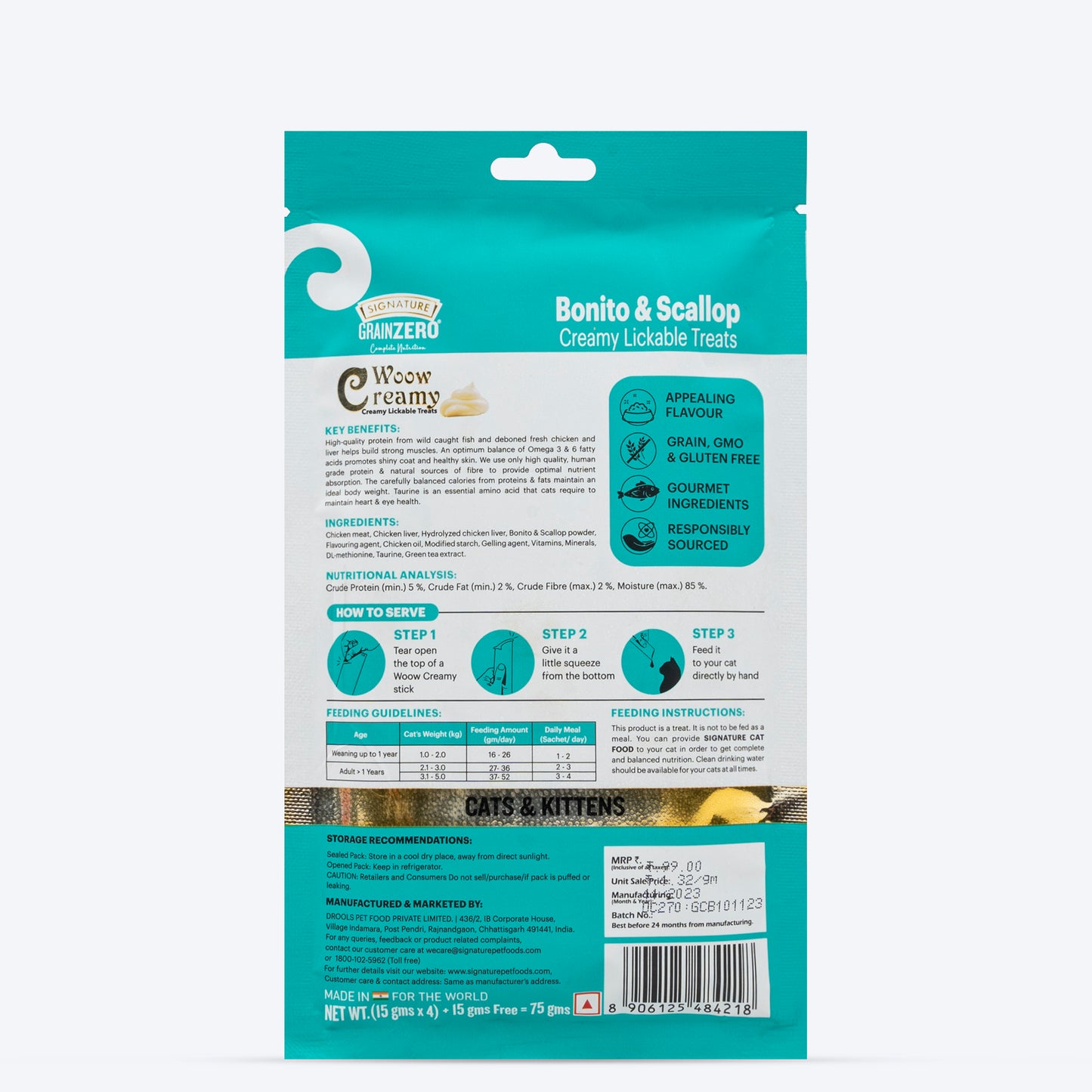 Signature Grain Zero Woow Creamy Bonito & Scallop Lickable Treats For Cat & Kitten - 75 g - Heads Up For Tails