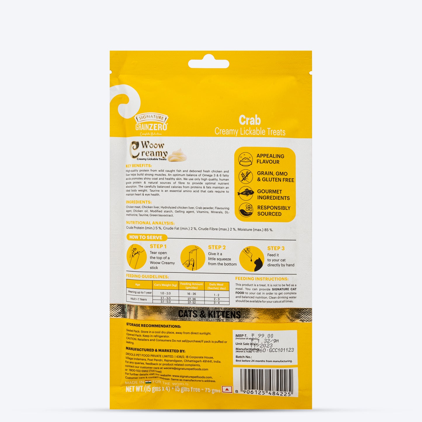Signature Grain Zero Woow Creamy Crab Lickable Treats For Cat & Kitten - 75 g - Heads Up For Tails