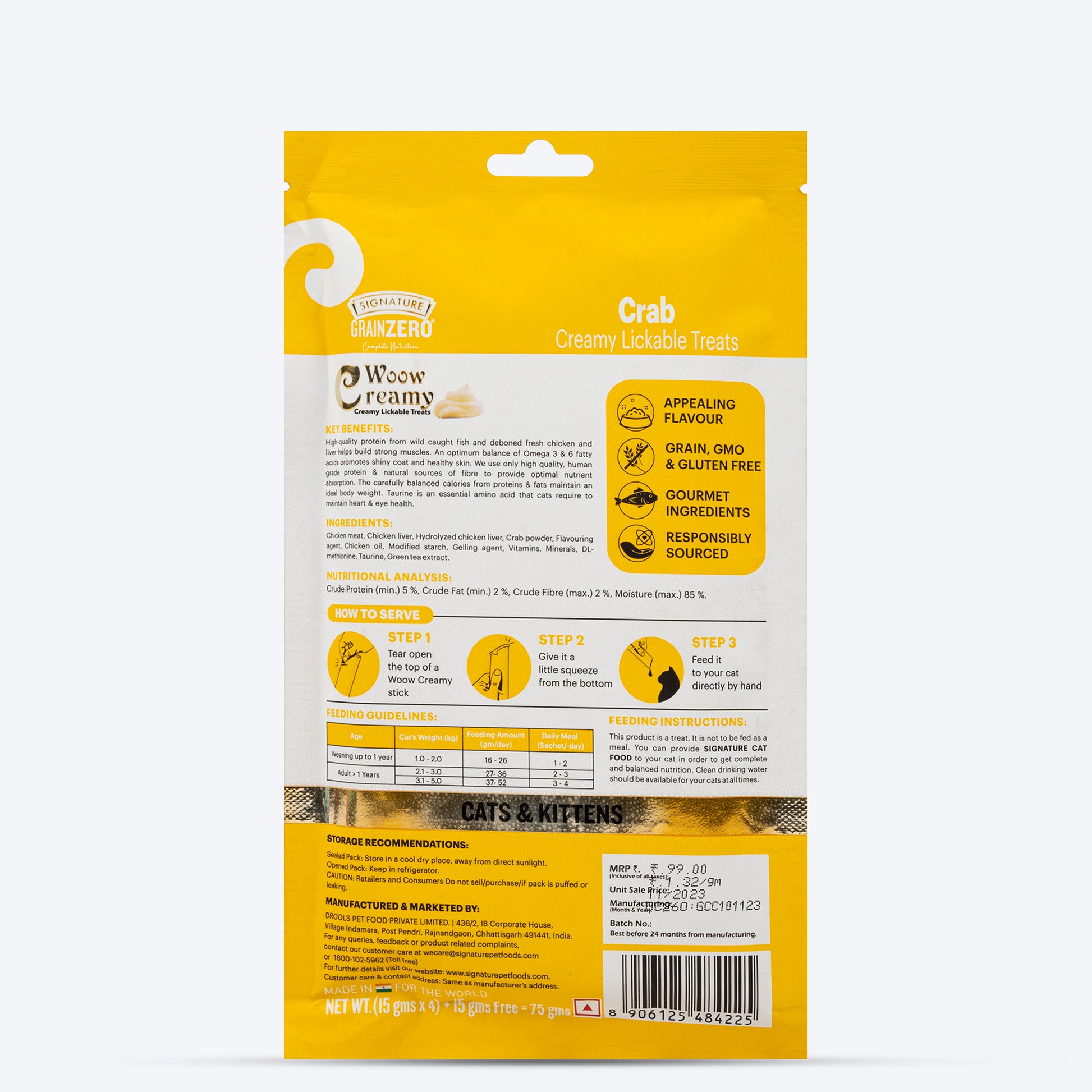 Signature Grain Zero Woow Creamy Crab Lickable Treats For Cat & Kitten - 75 g - Heads Up For Tails