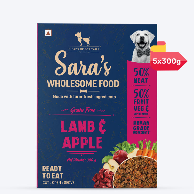 Sara's Wholesome Grain-Free Lamb and Apple Dog Food, 300 g, made with 50% meat and 50% fruit and vegetables.