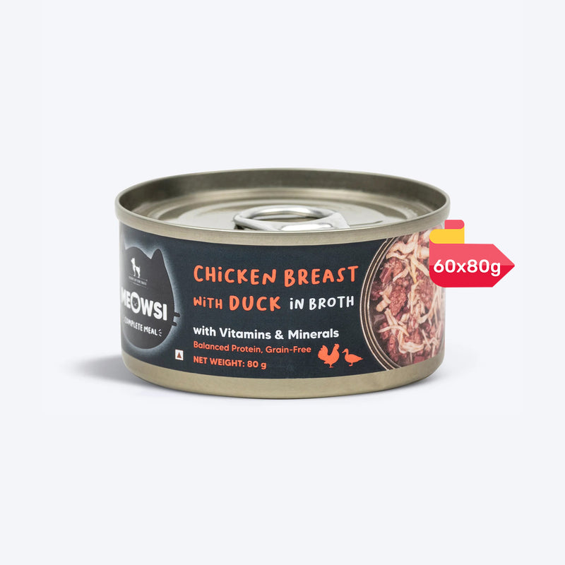 Meowsi by HUFT Chicken Breast with Duck in Broth, 80 gm can, features a pull-tab lid and a mix of shredded meat.