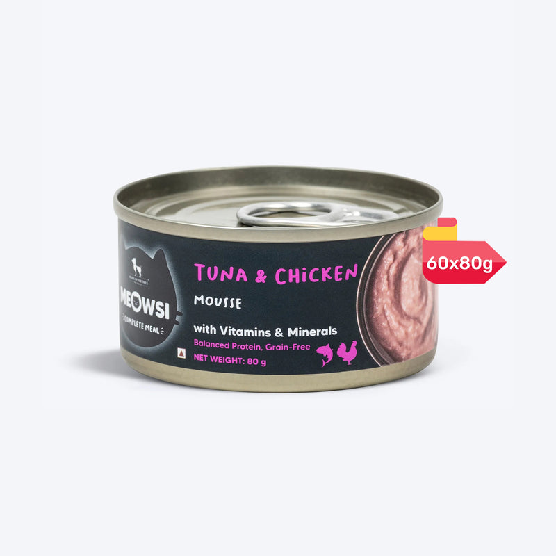 Meowsi by HUFT Tuna & Chicken in Mousse Canned Cat Wet Food, 80 gm, with vitamins and minerals, grain-free.