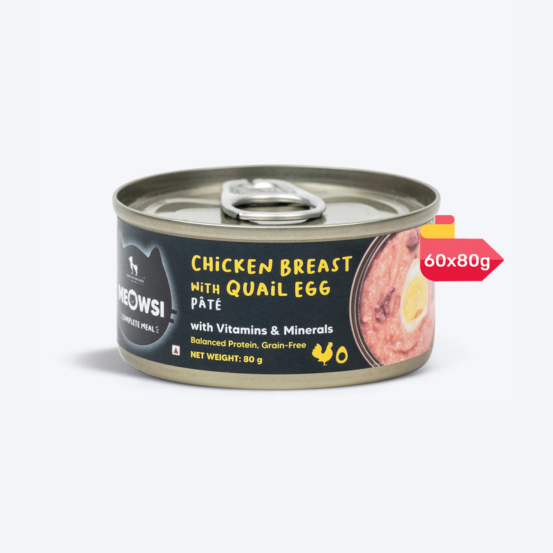 Meowsi by HUFT Chicken Breast with Quail Egg pâté, 80 gm can, grain-free, with vitamins and minerals for cats.