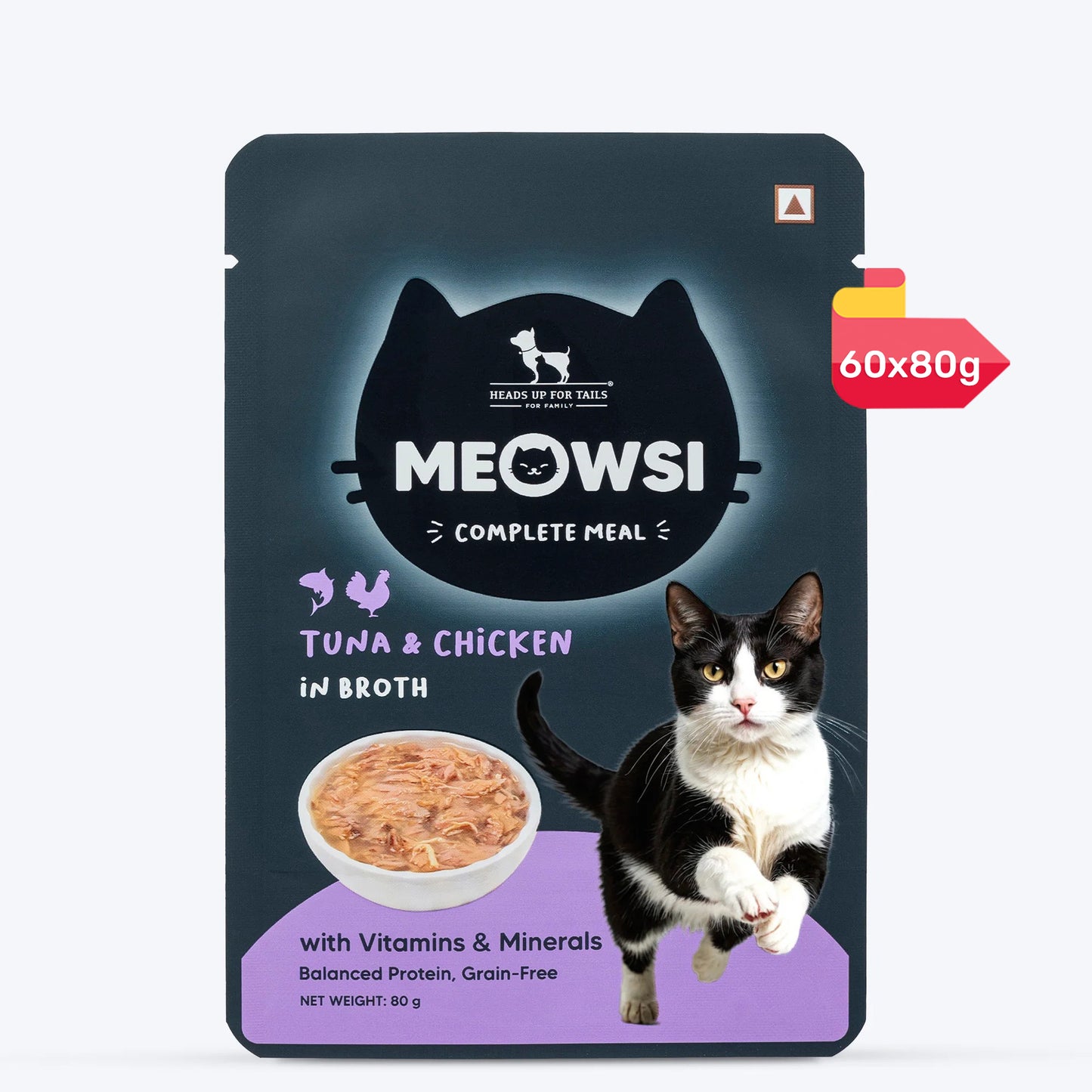 Meowsi by HUFT Tuna & Chicken in Broth Cat Wet Food, 80 gm, with vitamins and minerals, grain-free formula.