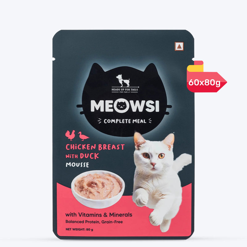 Meowsi by HUFT Chicken Breast with Duck Mousse Cat Wet Food, 80 gm, grain-free, with vitamins and minerals.