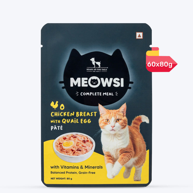 Meowsi by HUFT Chicken Breast with Quail Egg pâté Cat Wet Food, 80 gm, grain-free, with vitamins and minerals.