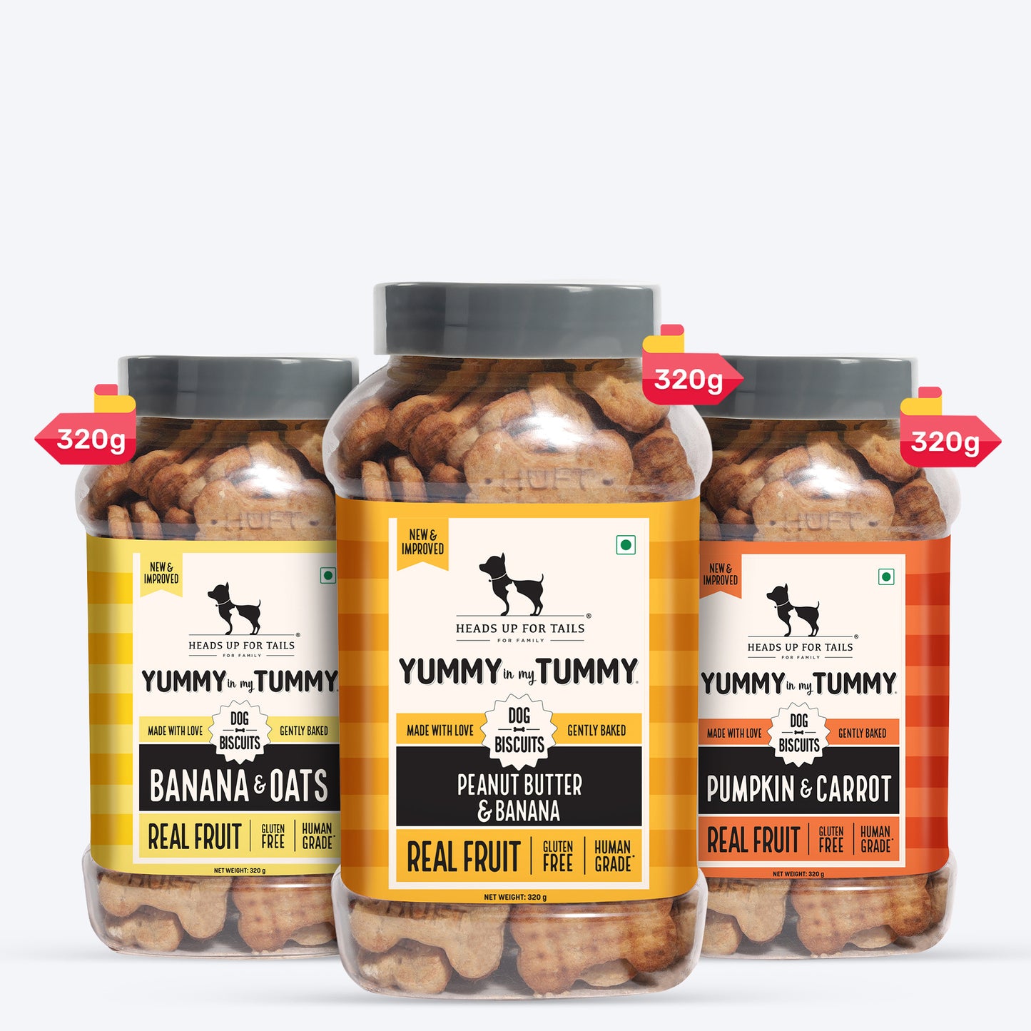 HUFT YIMT Vegetarian Gluten Free Dog Biscuits Combo - Pumpkin & Carrots, Peanut Butter & Banana, Banana & Oats - Pack of 3 (320 gm x 3) - Heads Up For Tails