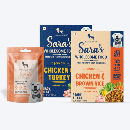 HUFT Sara's Wholesome Food - Classic Chicken And Brown Rice, Grain-Free Chicken And Turkey and Sara's Doggie Treats- Chicken Jerky with Pumpkin - 01