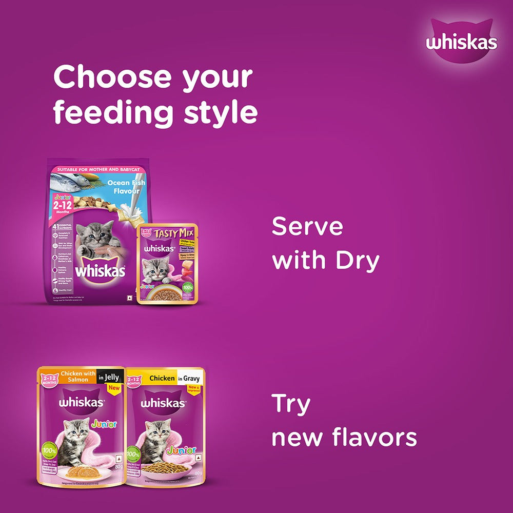 Whiskas Tasty Mix Chicken Tuna With Sweet Potato In Gravy Wet Food For Junior (2-12 Months) Kitten - 70 gm Pack - Heads Up For Tails