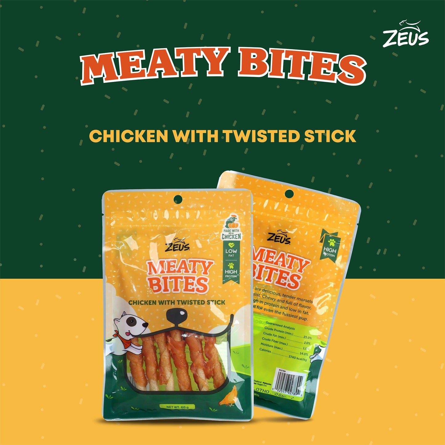 Zeus Meaty Bites Chicken With Twisted Stick Dog Treats - 60 gm - Heads Up For Tails