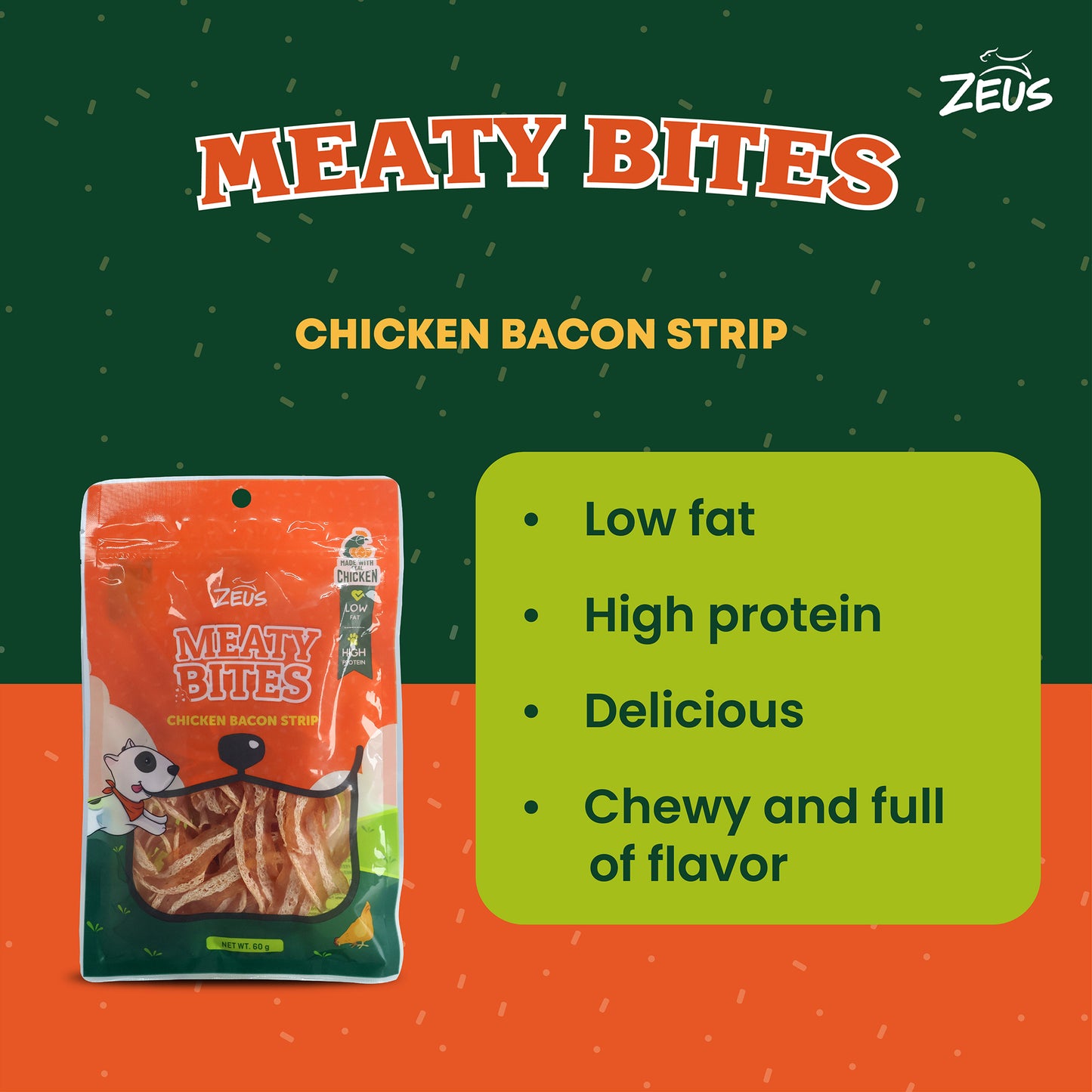 Zeus Meaty Bites Chicken Bacon Strip Dog Treats - 60 gm - Heads Up For Tails