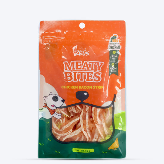 Zeus Meaty Bites Chicken Bacon Strip Dog Treats - 60 gm - Heads Up For Tails