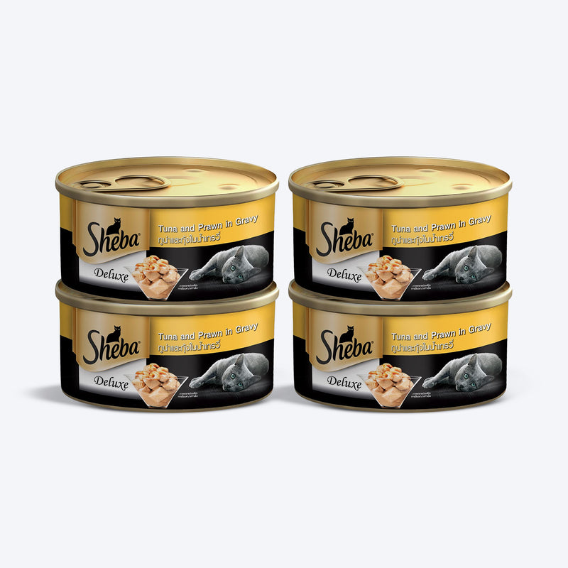 Sheba Tuna Fillets and Whole Prawns in Gravy Adult Wet Cat Food - 85 g packs - Heads Up For Tails