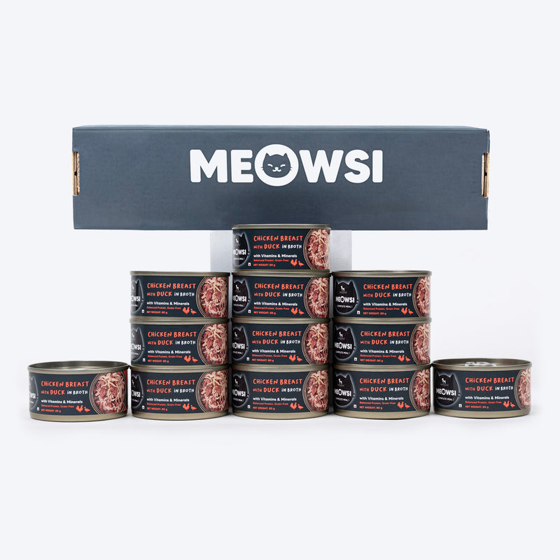 Meowsi by HUFT Chicken Breast with Duck in Broth, 80 gm can, features a pull-tab lid and a mix of shredded meat.