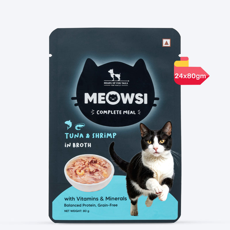 Meowsi by HUFT Tuna & Shrimp in Broth Cat Wet Food, 80 gm, complete meal with vitamins and minerals, grain-free.