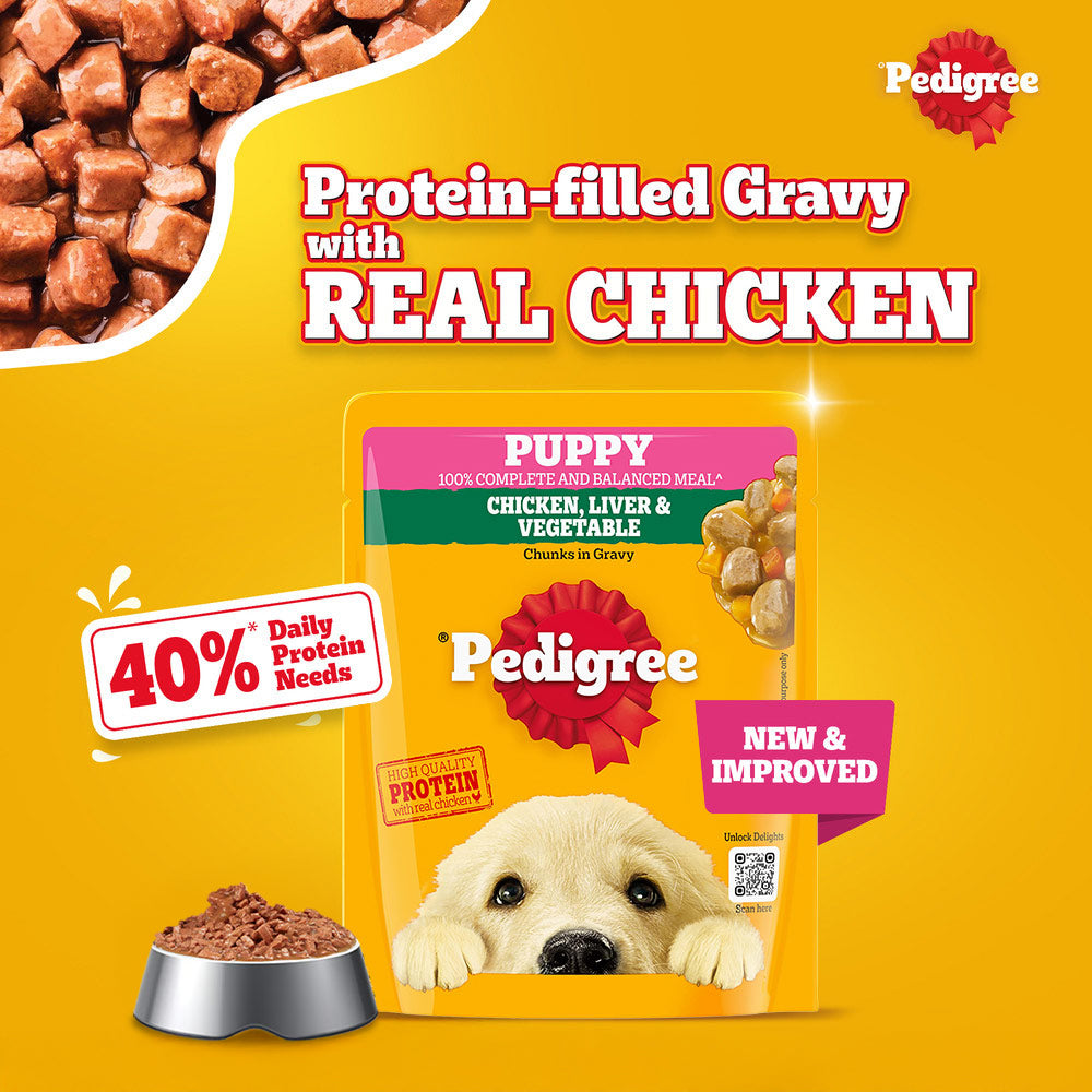 Pedigree Chicken & Liver Chunks in Gravy with Vegetables Wet Puppy Food - 70Gm Packs - Heads Up For Tails
