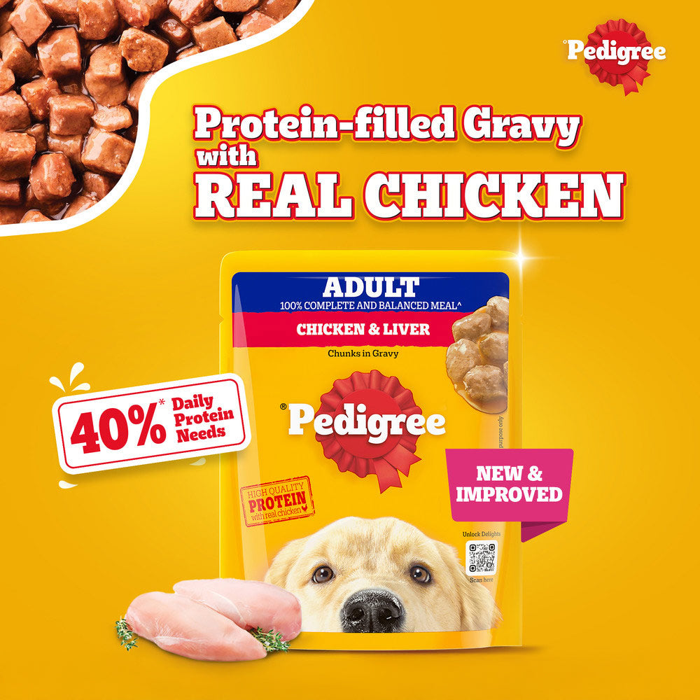 Pedigree Chicken & Liver Chunks in Gravy Adult Wet Dog Food - 70 g packs - Heads Up For Tails