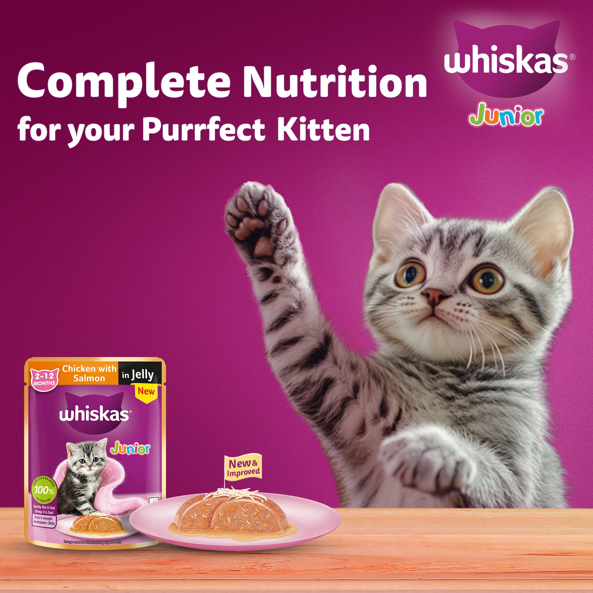 Whiskas Chicken With Salmon In Jelly Wet Food For Junior (2-12 Months) Kitten - 80 gm Pack - Heads Up For Tails