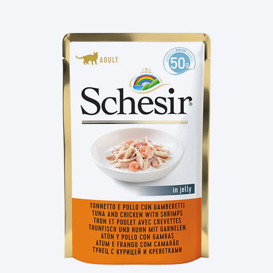 Schesir 34% Tuna & Chicken with Shrimps Wet Cat Food Pouch - 50 g - Heads Up For Tails