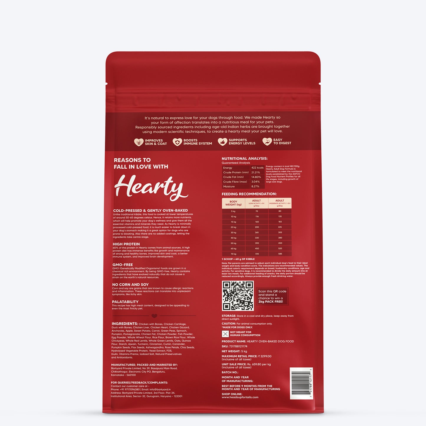 Hearty Oven-Baked Dry Food For Adult Dogs With Chicken, Duck & Brown Rice (All Breeds) - Heads Up For Tails