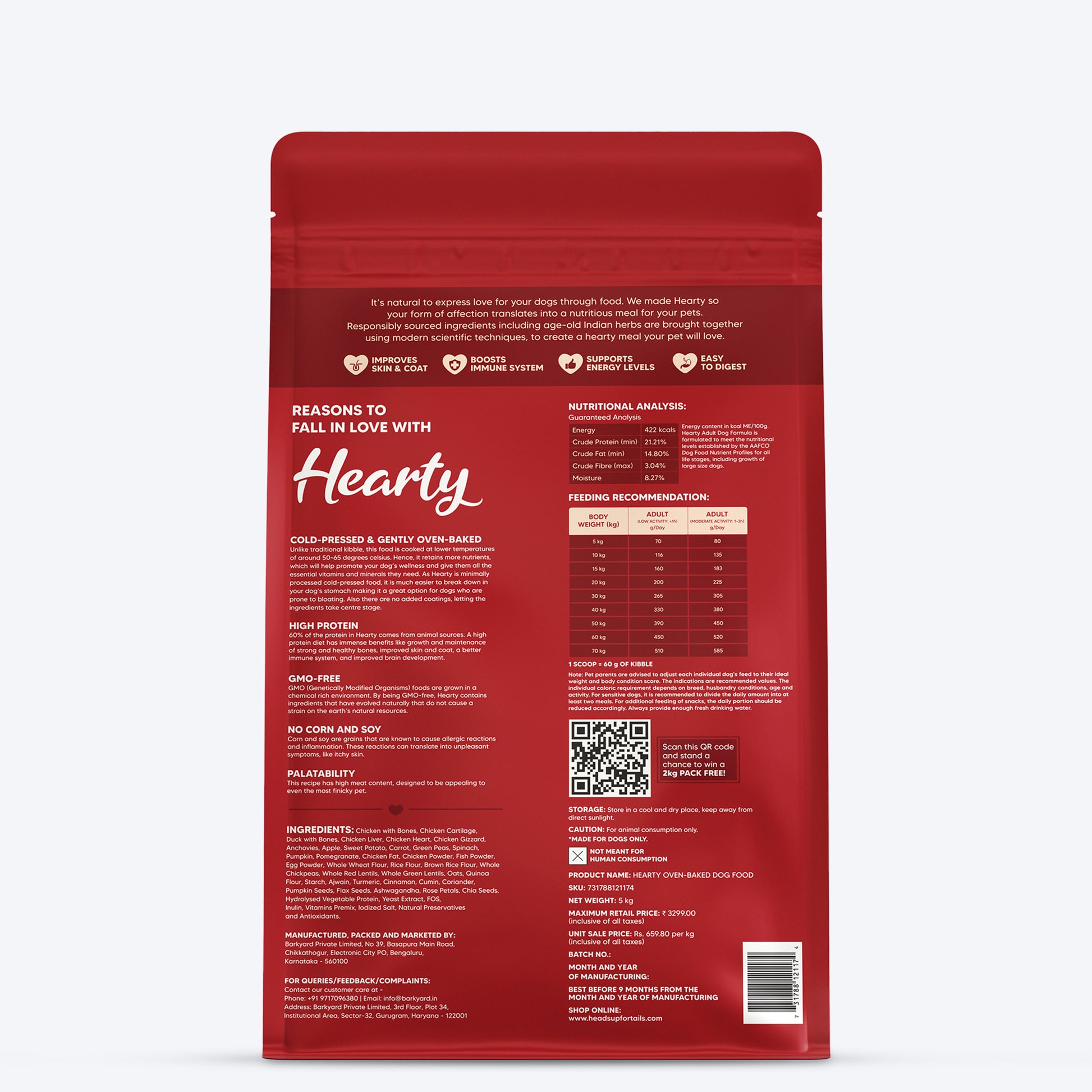 Hearty Oven-Baked Dry Food For Adult Dogs With Chicken, Duck & Brown Rice (All Breeds) - Heads Up For Tails