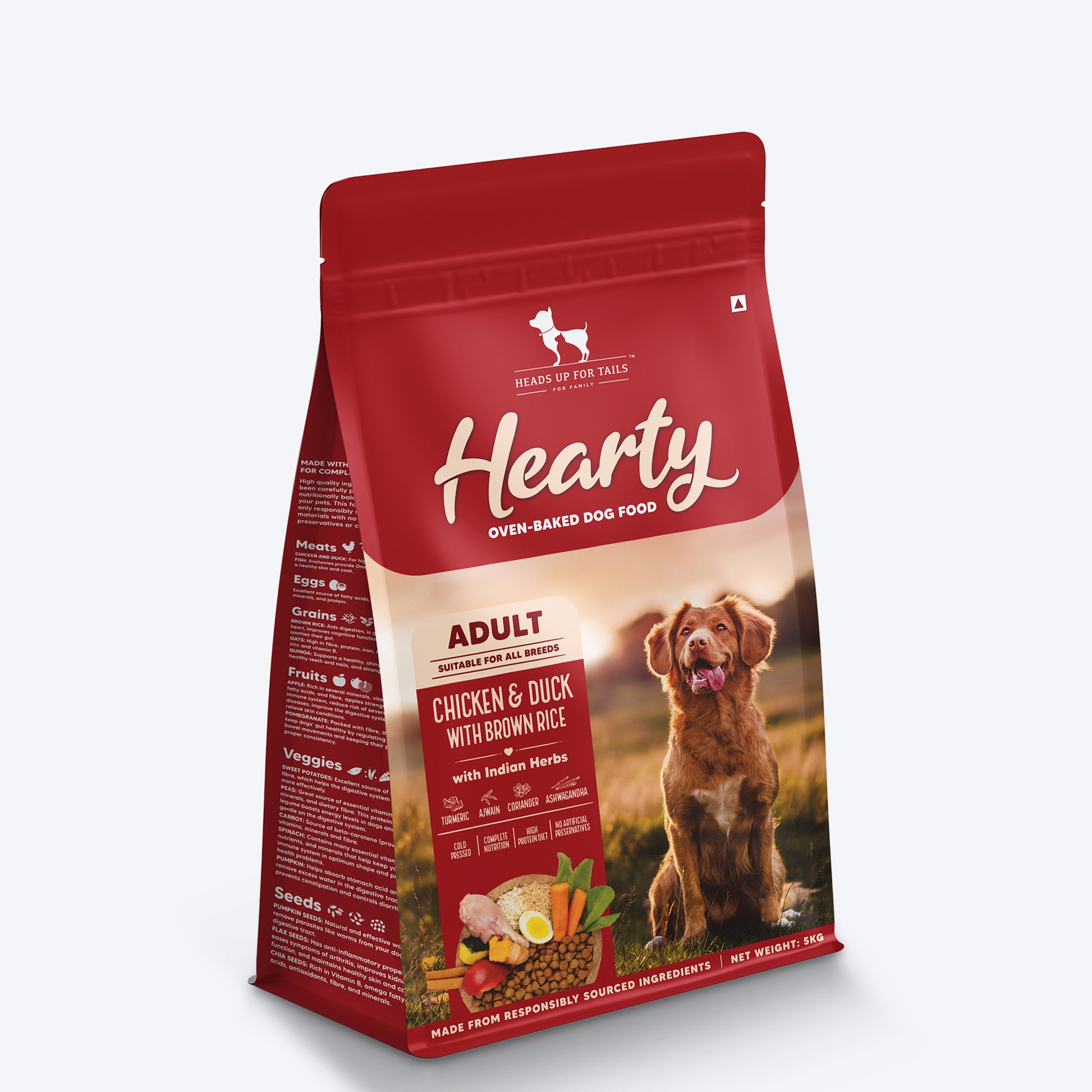 Hearty Oven-Baked Dry Food For Adult Dogs With Chicken, Duck & Brown Rice (All Breeds) - Heads Up For Tails