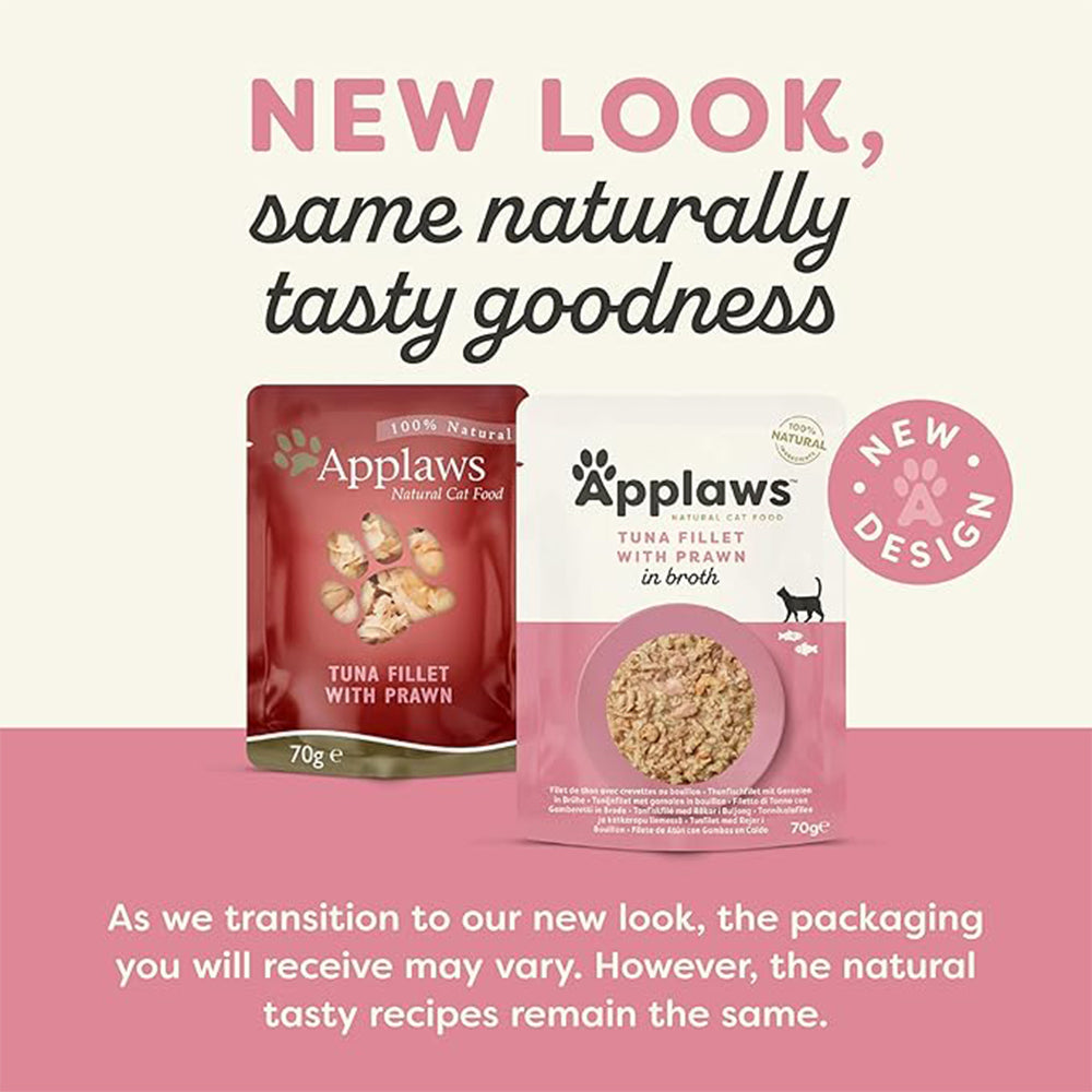Applaws Natural 75% Tuna Fillet with Pacific Prawn in Broth Wet Cat Food - 70 g - Heads Up For Tails