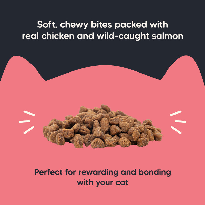 Meowsi by HUFT Salmon & Chicken Soft Cat Treats, 50 gm, features a pink packaging with a cat graphic and treats displayed.