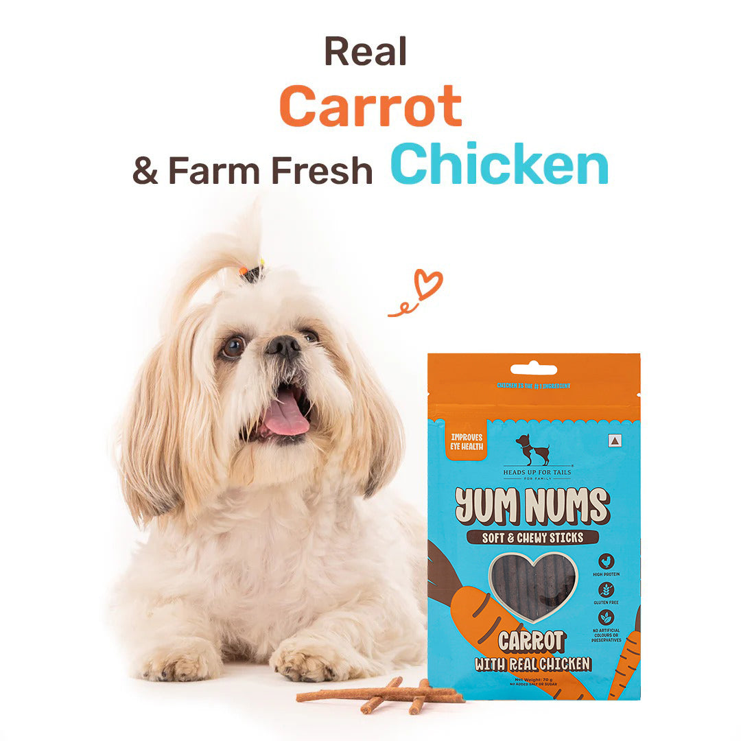 HUFT Yum Nums Dog Treats Soft & Chewy Sticks Carrot With Real Chicken - 70 gm - Heads Up For Tails