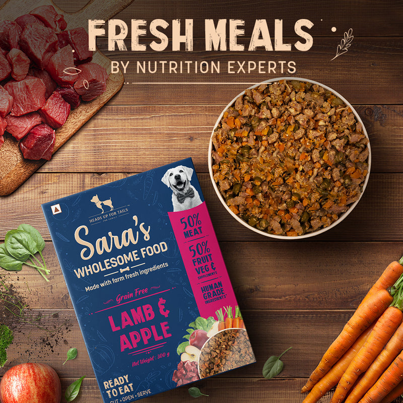 Sara's Wholesome Grain-Free Lamb and Apple Dog Food, 300 g, made with 50% meat and 50% fruit and vegetables.