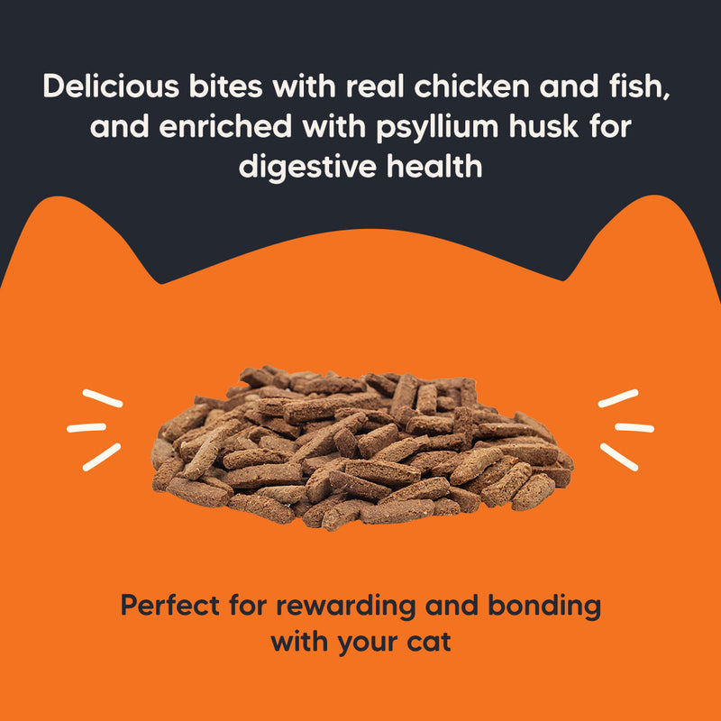 Meowsi by HUFT Power Bites, Chicken, Fish & Psyllium Husk, 50 gm, supports hairball control for cats.