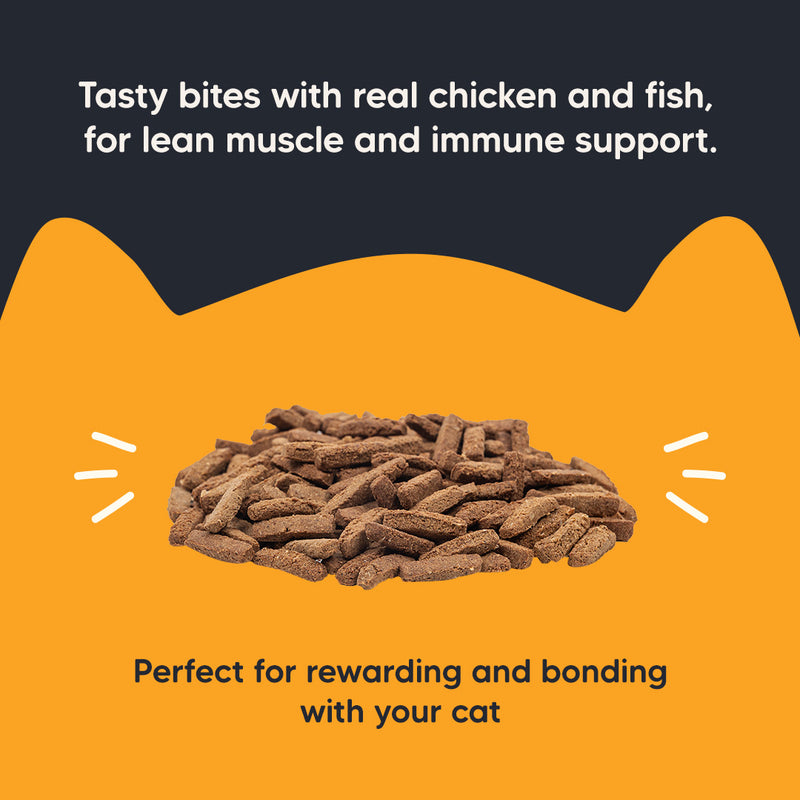 Meowsi by HUFT Chicken & Fish Power Bites, 50 gm, high-protein cat treats in a yellow packaging with a playful cat graphic.