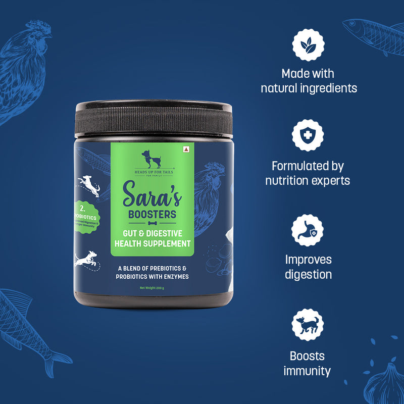 Sara's Boosters Gut & Digestive Health Supplement for Dogs, 200 gm, a blend of prebiotics and probiotics with enzymes.